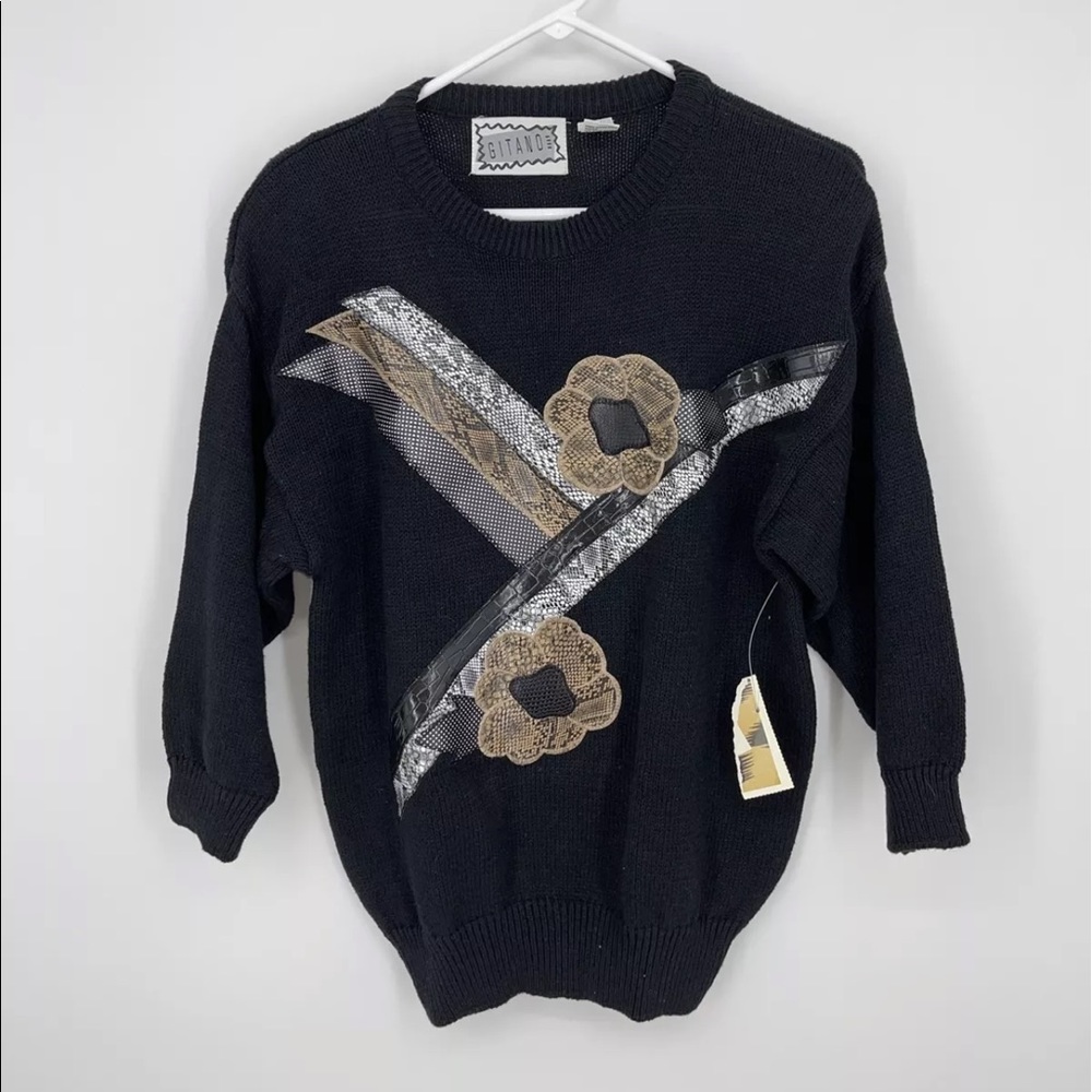 NWT GITANO Womens Black Sweater Faux Snake Leather Floral Design Size M